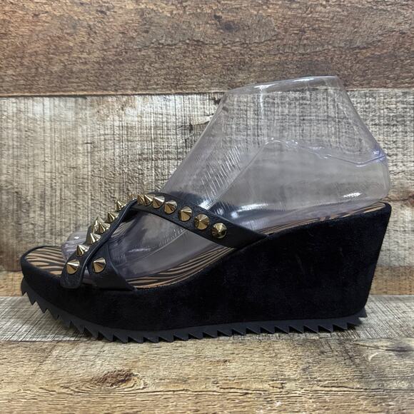 NEW Pedro Garcia Black Leather Wedge Sandals Cross Strap Gold Studded Size 37 7 - Picture 4 of 11